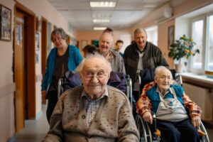 Older adults share coffee and conversation in a bright assisted living common room.